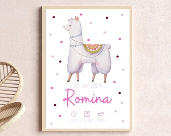 Gepersonaliseerde geboorteposter Lama met naam en geboortedetails in roze voor meisjes | Geboorteposter Din A4, Din A3, digitaal bestand
