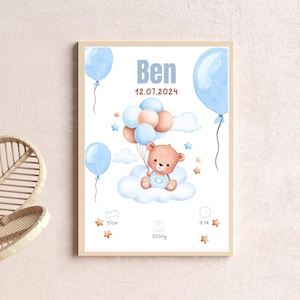 Póster de nacimiento de bebé personalizado con nombre y fechas de nacimiento en azul para niño | Cartel de nacimiento Din A4 Din A3 o archivo digital