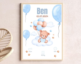 Gepersonaliseerde babygeboorteposter met naam en geboortedatum in het blauw voor jongens | Geboorteposter DIN A4 DIN A3 of digitaal bestand