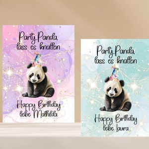 Tarjeta de cumpleaños divertida "Party Panda, let it pop" - Panda con gorro de fiesta | personalizable | Formato 17,8 x 12,8 cm | divertido colorido