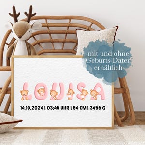 Namensposter für Mädchen im Bärchen-Design personalisiert als Wandbild | Geburtsposter Name digital, Karte, A5, A4, A3 auch mit Rahmen