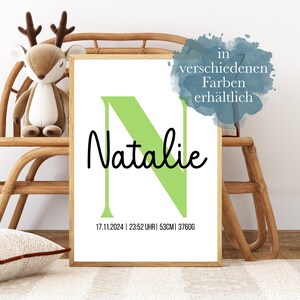 Geburtsposter personalisiert als Wandbild | Namensposter Name Kinder schlicht minimalistisch digital, Karte, A5, A4, A3 Geschenk mit Rahmen