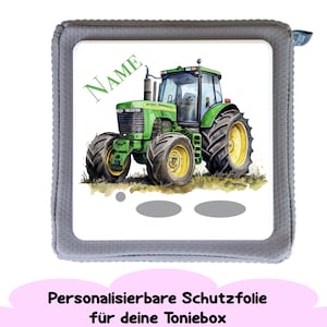 La película protectora para Toniebox “Green Tractor” se puede personalizar con un nombre. Adhesivo de tractor para accesorios Toniebox