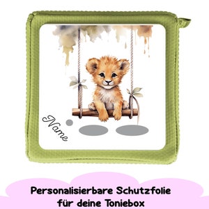 Película protectora para Toniebox &quot;Lion on the Swing&quot; personalizable con nombre | Pegatina de leopardo para Toniebox | Accesorios toniebox