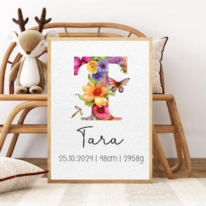 Póster de nacimiento con libélula y flores personalizado como mural | Nombre cartel nombre libélulas digital, tarjeta, A5, A4, A3 también con marco