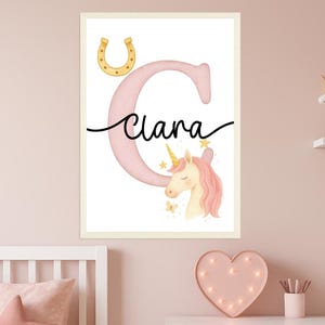 Children&#39;s room name poster with letter and unicorn | Unicorn pictures for children&#39;s rooms, girls&#39; room wall decoration | A3 A4 A5 | Decoration for girls