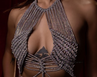 Crystal Rhinestone Bralette – Sparkly Handmade Macrame Festival Top
