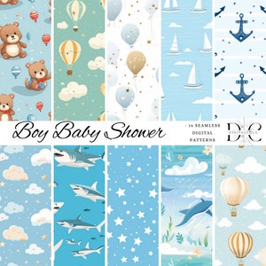 16 x Nursery Boy Baby Shower digital paper pack, Baby boy nursery, baby pattern, hot air balloon, pattern, nursery baby, Seamless pattern