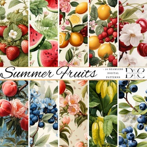 May include: A set of 20 digital seamless patterns featuring various summer fruits, including watermelon, strawberries, lemons, cherries, blueberries, peaches, and bananas. The patterns are in a vintage style with a white background and colourful fruits.