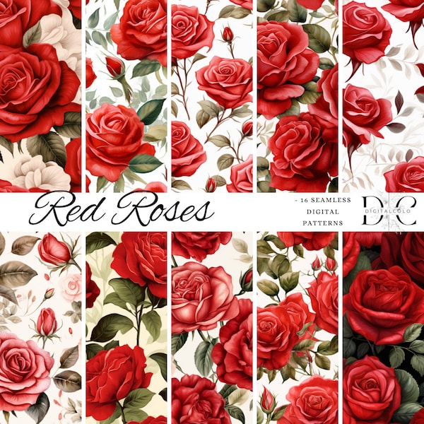 16 x Seamless digital download Red Roses 16 Unique Watercolor Roses Clipart Designs Commercial Use Digital pattern