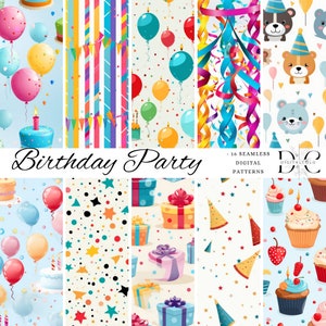 16x Birthday Party Print Digital Paper, seamless Birthday patterns with Ballons and confetti for commercial use Instant Download