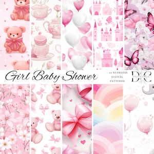 16x Girl Baby Shower Seamless digital papers, Baby Girl, baby pattern, Pink Teddy Bears, pink flowers, pattern, baby gifts, instant download
