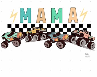 Könnte beinhalten: Ein Grafikdesign mit dem Wort "MAMA" in bunten Buchstaben auf einem karierten Hintergrund und vier Monstertrucks aus Zeichentrickfilmen. Die Trucks sind blau, gelb und orange mit Flammen an den Seiten. Der Text "Tuck & Char Co." befindet sich am unteren Rand des Bildes.
