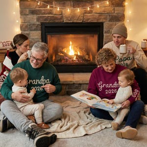 Op de afbeelding: Een gezin verzamelt zich rond een open haard, met een vuur dat binnen brandt. De volwassenen dragen truien met de woorden "Opa", "Oma" en "Papa" erop gedrukt. Een kind wordt door een volwassene vastgehouden. Er wordt een boek gelezen.