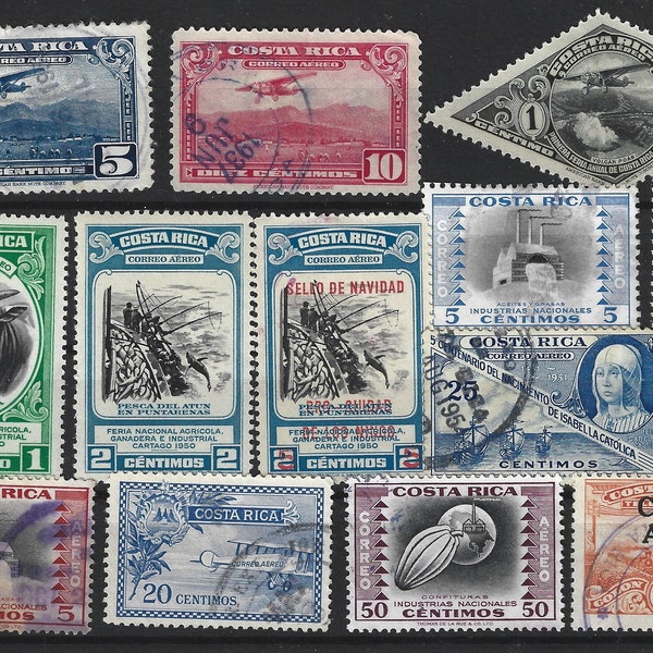 Costa Rica 1930s-50s Postage Stamps x 15. Vintage Costa Rican Stamp set. Air mail, planes, industry, fishing.