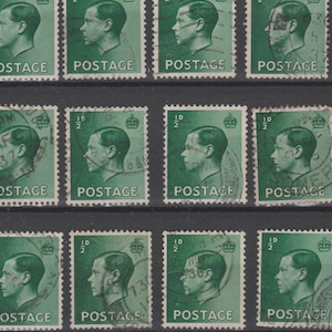 1936 Green GB Definitives - Great Britain Stamps x 14. Vintage British Stamp. King Edward VIII. Royal Family