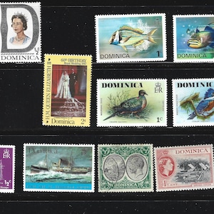 12 Dominica Stamps. Vintage Dominican Stamp Collection (1910s-70s). Caribbean
