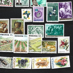48 Rwanda Stamps. Rwandan Stamp Collection (c. 1960s onwards). Animals, sports.