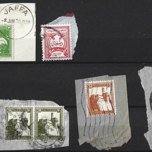 7 francobolli Palestina degli anni '20 e '30 su carta originale. Timbri postali, annulli. Francobollo antico.