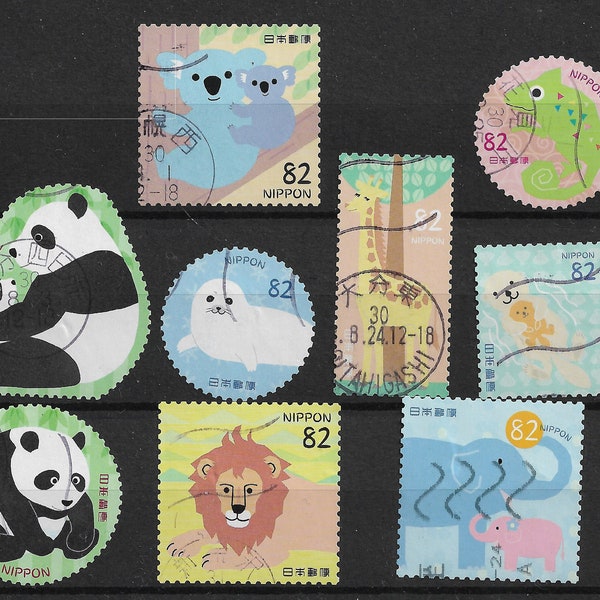 Zoo Animals - Japan Postage Stamps x 10. Cute Japanese stamp set for collecting, crafts or art projects. Panda, lion, bird.