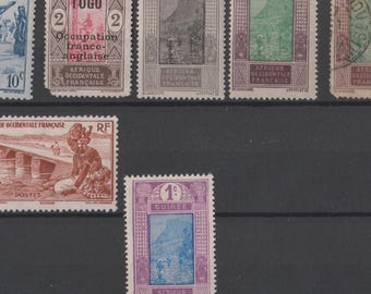 7 sellos del África Occidental Francesa. Colección de sellos africanos (c. 1940/1950). Francia. Togo, Dahomey, Guinea.