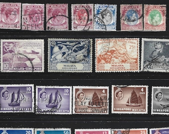 22  British Malaya & Singapore Stamps. Malayan, Malaysian, Singaporan Stamp Collection (1940s-50s).