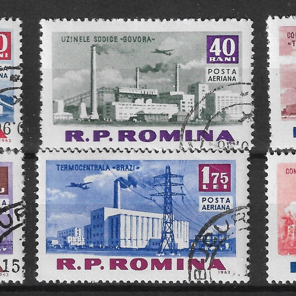 Modernist Industrial Architecture - Romania Postage Stamps x 6 (1963). Modernist Brutalism Brutalist