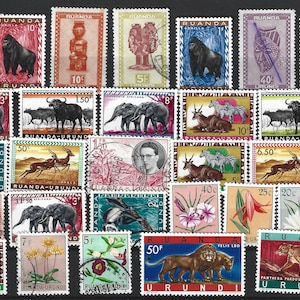 30 Ruanda Urundi Stamps. Rwanda, Burundi Stamp Collection (c. c. 1950s-70s). Floral, thematics.
