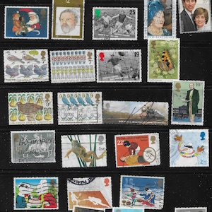 100+ Great Britain Stamp Collection. Assortment of Used Commemorative Stamps (1970s-2000s). Vintage GB British English. Football, birds, etc