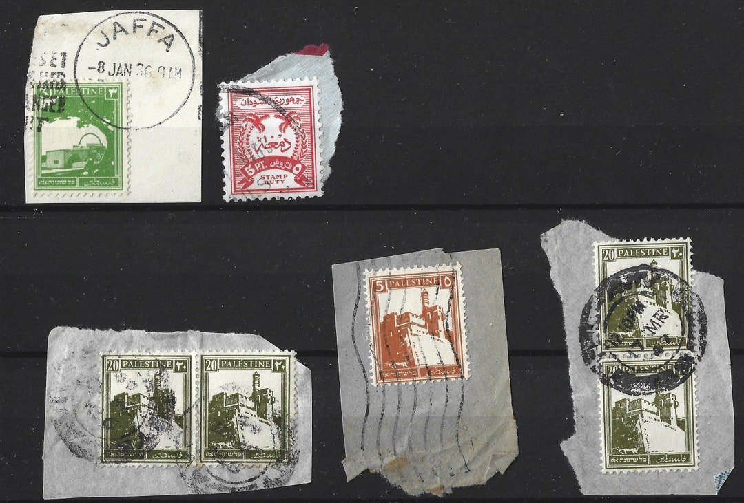 7 1920s and 30s Palestine Stamps on Original Paper. Postmarks ...