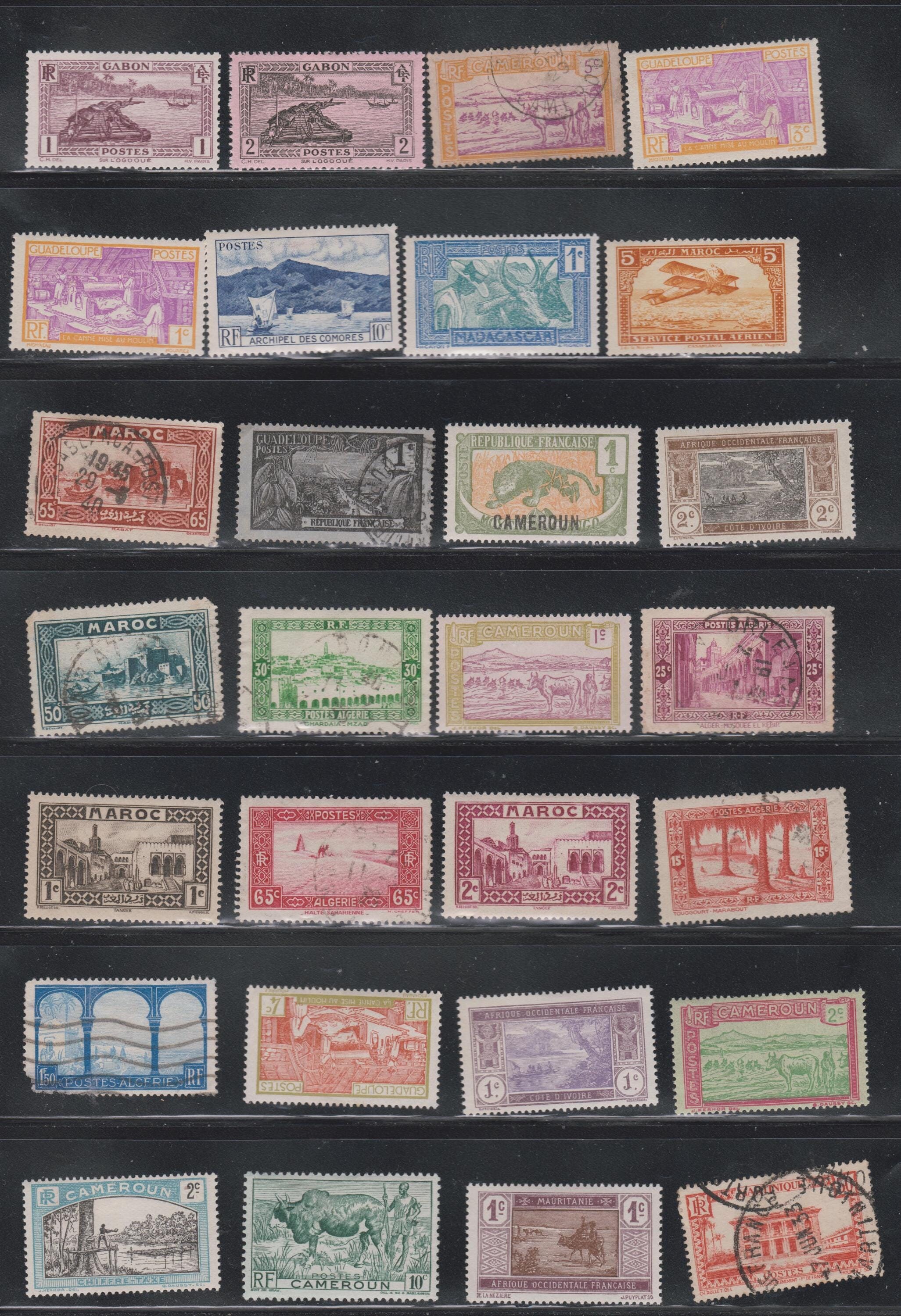 32 French African Colonies Stamps. Africa Stamp Collection (c. 1890s-50s). Algeria, Cameroon, Ivory Coast, Morocco. Gift