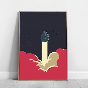Könnte beinhalten: Gerahmter Kunstdruck mit einer stilisierten Illustration des Millennium Falken beim Abheben. Das Kunstwerk hat einen dunkelblauen Hintergrund mit Sternen, eine rote Wolkenbasis und einen gelben Abgasstrahl.