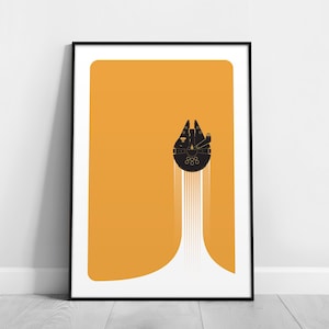 Peut inclure: Impression d'art encadrée noire avec une illustration noire stylisée du vaisseau spatial Millennium Falcon sur fond orange. Le vaisseau est représenté avec des traînées d'échappement blanches, créant un effet de mouvement. Design minimaliste.