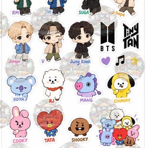 May include: A sticker sheet featuring chibi-style illustrations of seven characters labeled RM, Jin, SUGA, j-hope, Jimin, V, and Jung Kook, alongside BT21 characters Koya, RJ, Mang, Chimmy, Cooky, Tata, and Shooky, with BTS and TinyTAN logos and text.