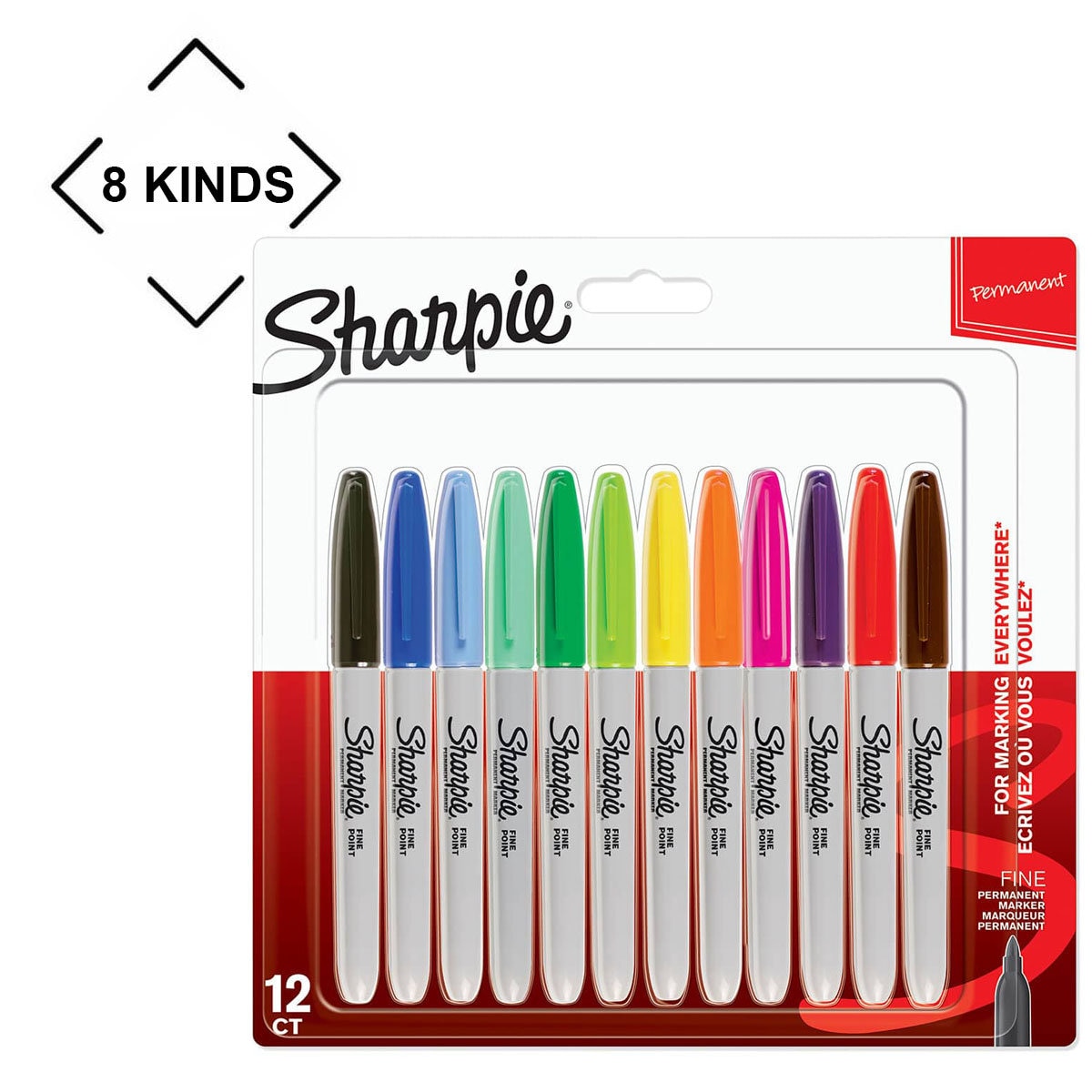 Bazic 1291 Assorted Colors Fine Tip Permanent Markers w/ Pocket Clip (8/Pack) Pack of 24