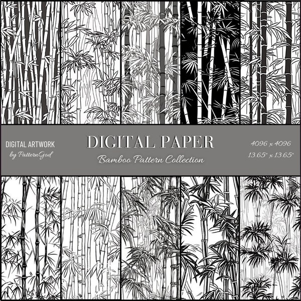 10 Bamboo Patterns, Clip Art, Seamless Art, Black and White, Tileable, Digital Art, Bamboo Texture Designs, Bamboo Forest, Digital Paper