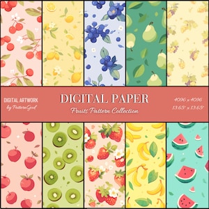 10 padrões digitais de frutas, impressões artísticas, clip art, padrões de verão, sem costura, ilustrações de frutas, padrão de frutas, papel digital, tropical