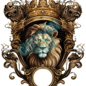 May include: A golden lion's head with a flowing mane, framed by ornate gold scrollwork and a crown. The lion's eyes are green and the background is black.