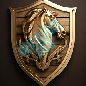 Horse Logo Design, Gold Horse Logo, Wooden Logo Design, Shield Logo, Business Logo Design - digital download only