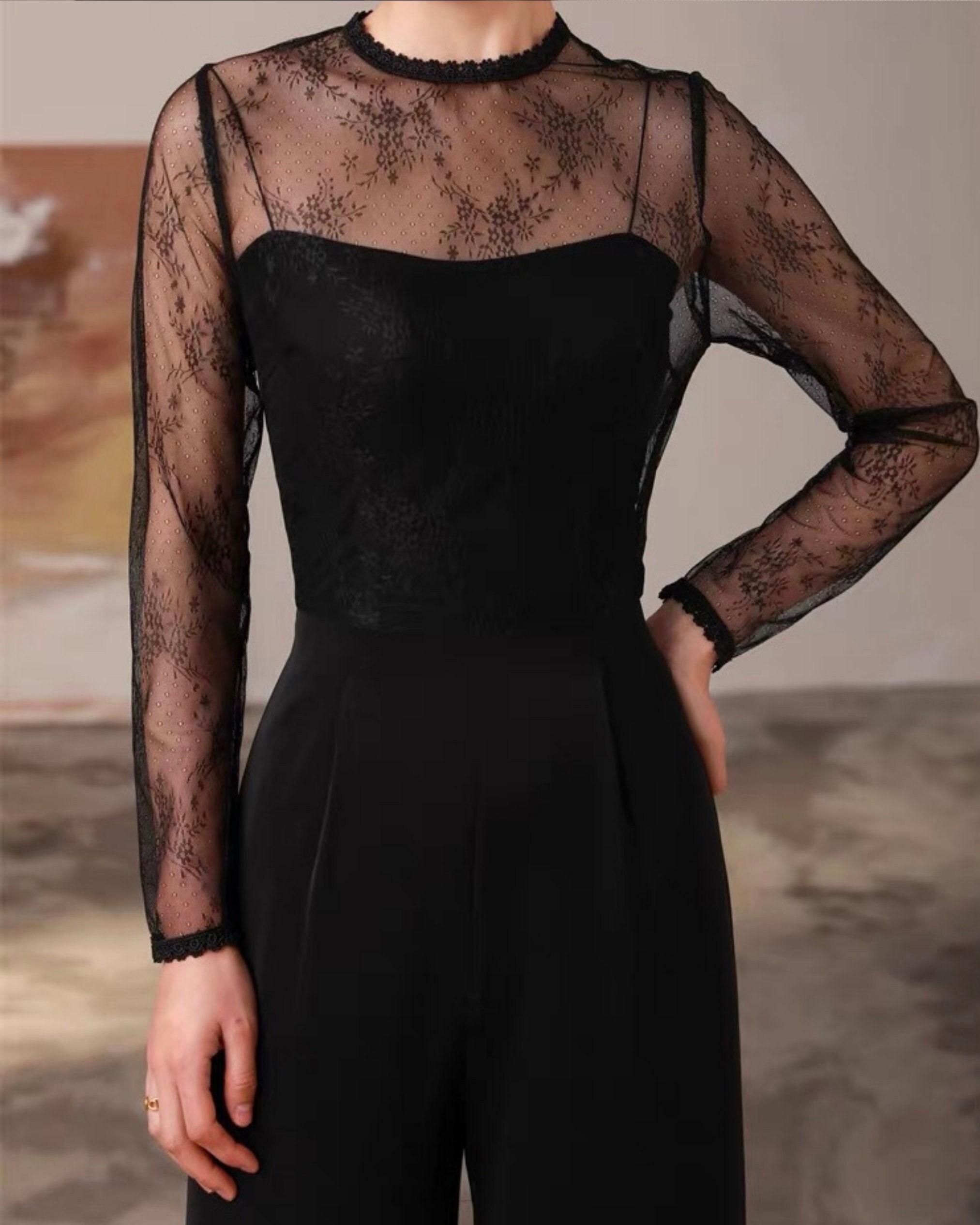 Black Corset Sheer Lace Jumpsuit, Black, £36.00