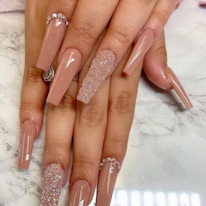Handmade Pink Crystal Press On Nails: Long Coffin Sweet Nail Set