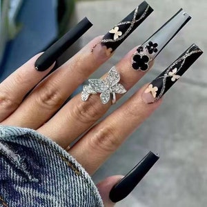 Handmade Crystal Press On Nails: Long Black Bow Flower False Nails (24 Pcs)