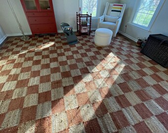 terracotta rug ,  rust rug , jute rug , terra cotta striped area rug , Checkered rug  8x10 Jute Rug