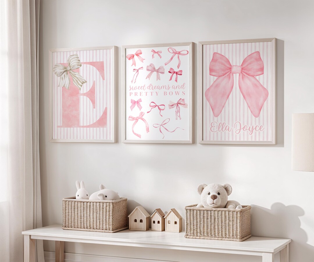 Pink Bow Watercolor Custom Initial Name Art, Custom Pink Bow Wall Art ...
