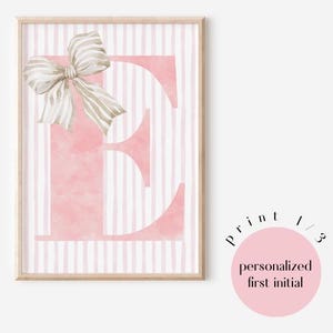 Pink Bow Watercolor Custom Initial Name Art, Custom Pink Bow Wall Art ...