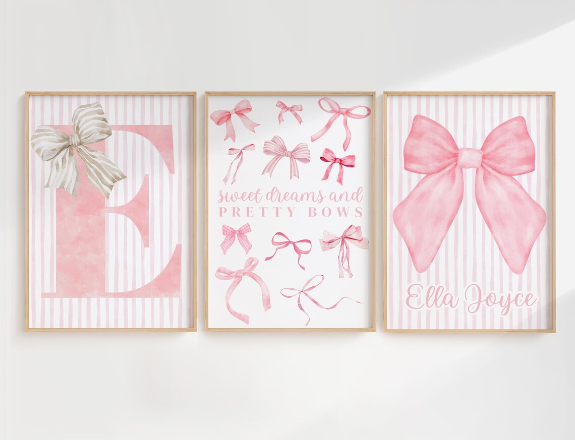 Pink Bow Watercolor Custom Initial Name Art, Custom Pink Bow Wall Art ...