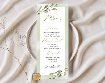 Eucalyptus Wedding menu template, Greenery Wedding Reception menu card, editable Sage green Canva Wedding reception menu card, diy menu card