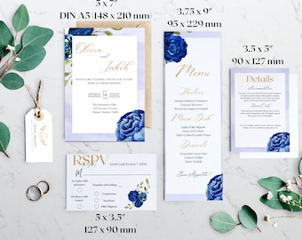 Ensemble de modèles de mariage floral bleu, ensemble de modèles Canva de mariage bleu poussiéreux, kit de suite de mariage bleu rustique, téléchargements comestibles imprimables bricolage