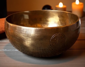 Handgefertigte Full Moon Klangschale aus Nepal „Om Mani Padme Hum“ Gravur | mit Holzklöppel & Kissen | Für Yoga, Meditation + Soundhealing