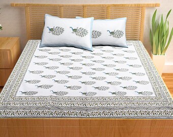 Handblock Printed Cotton Double Bedsheet: Yellow Boho Design with Pillow Covers